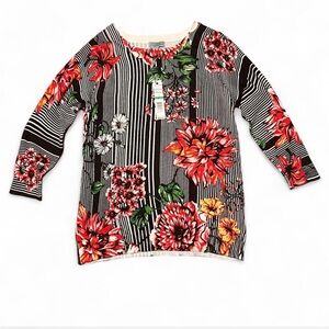 NWT Joseph A Black and Red Floral Striped Long Sleeve Top Size L